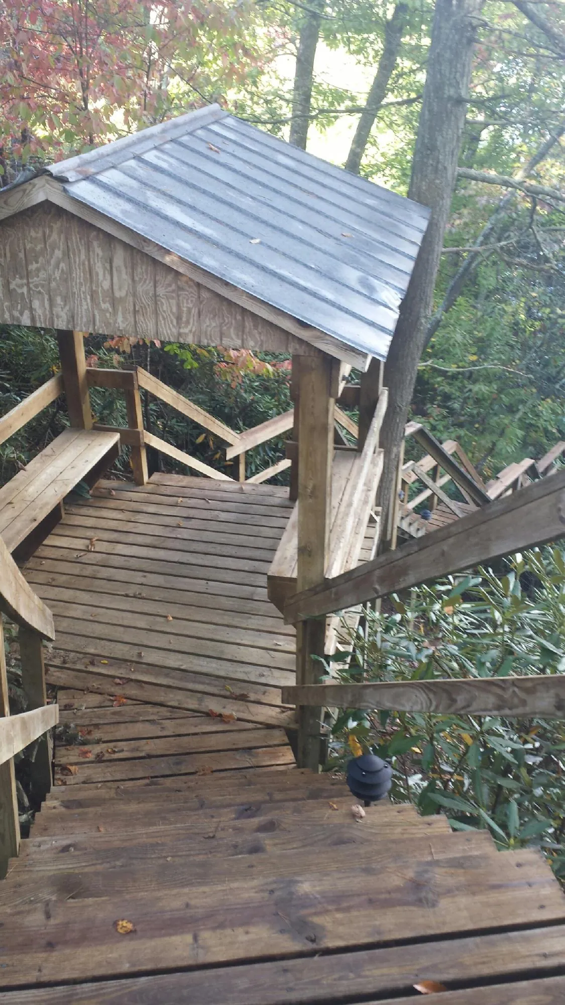 Metal roofed shelter over wooden steps on a wooded walkway — Skylight Repair & Installation work by our crew in Rio Grande