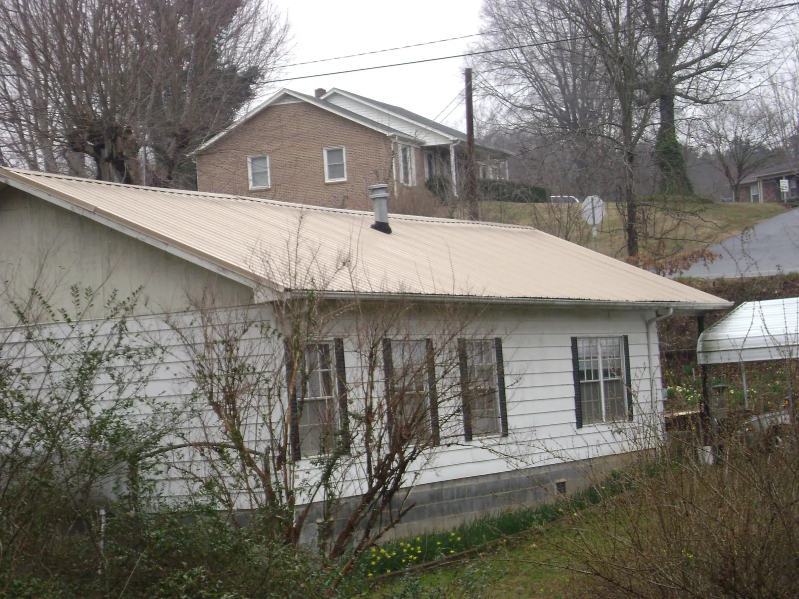 Tan metal roof on a white sided house set into a hillside — Commercial Roofing by Roofing Brothers in Rio Grande